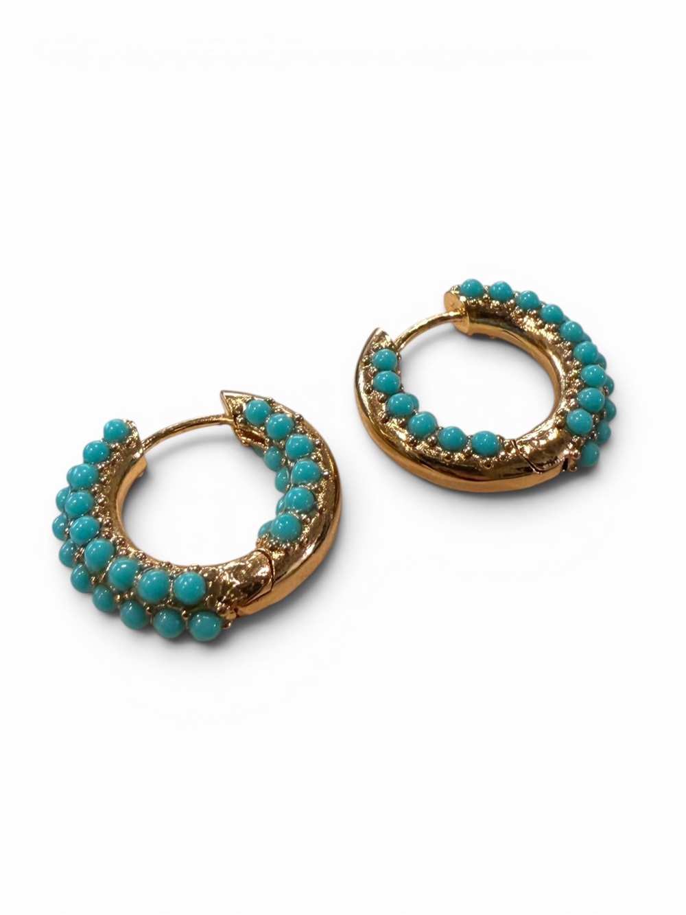 Gold Hoop Earrings with Turquoise Beads - Women's Jewelry